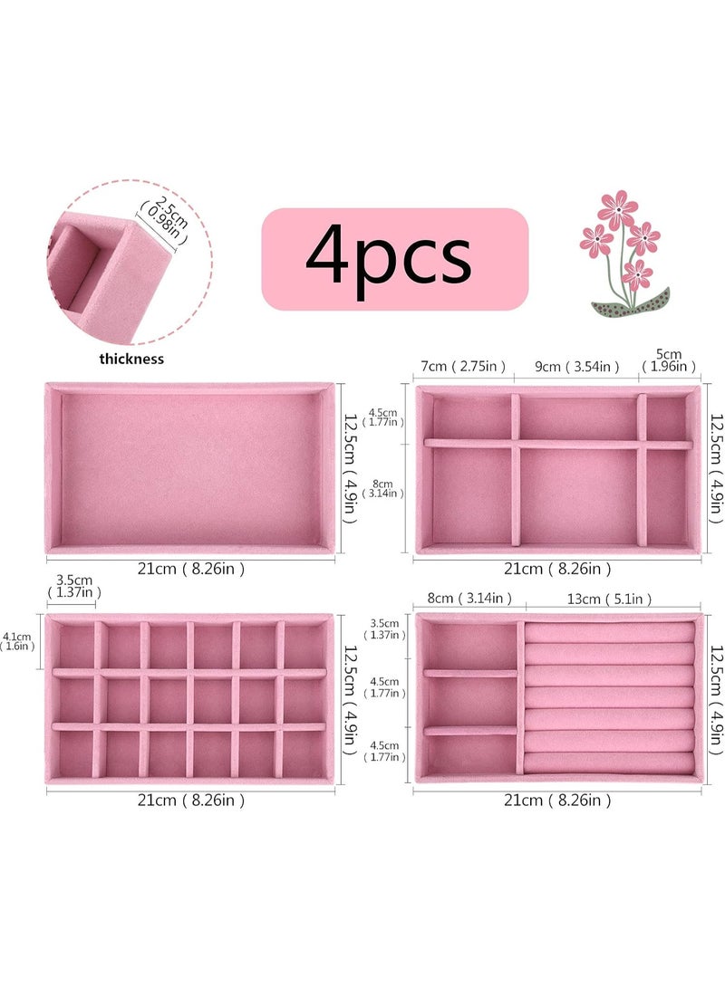 المجوهرات علون منظم مجموعة من 4 مخملية قابلة للتراكم المجوهرات درج منظم علون أقراط حلقة قلادة سوار عرض عرض علون تخزين المجوهرات ، 4 أسلوب (وردي) - Image 2